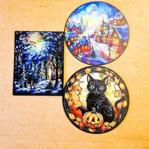 🖼️ Suncatcher Stained Plastic Hanging Winter Décor Christmas Tree Halloween Cat